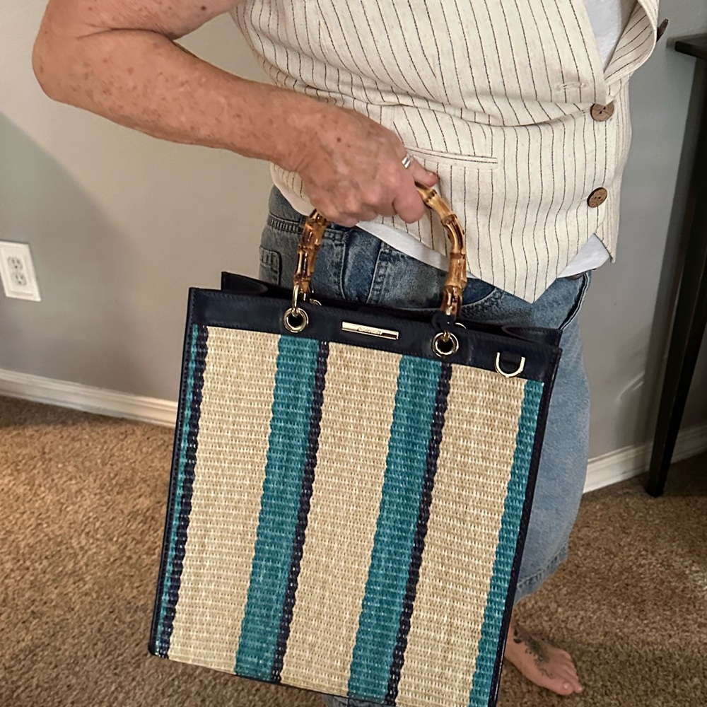 Elegant Blue and Cream Striped Tote with Bamboo Handles - Picture 2 of 4